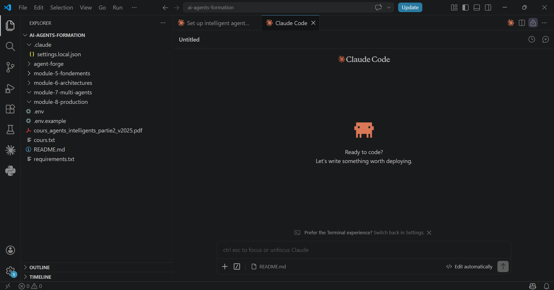 Claude Code intégré dans VS Code — l'éditeur ouvert avec le panneau Claude prêt à recevoir vos instructions.