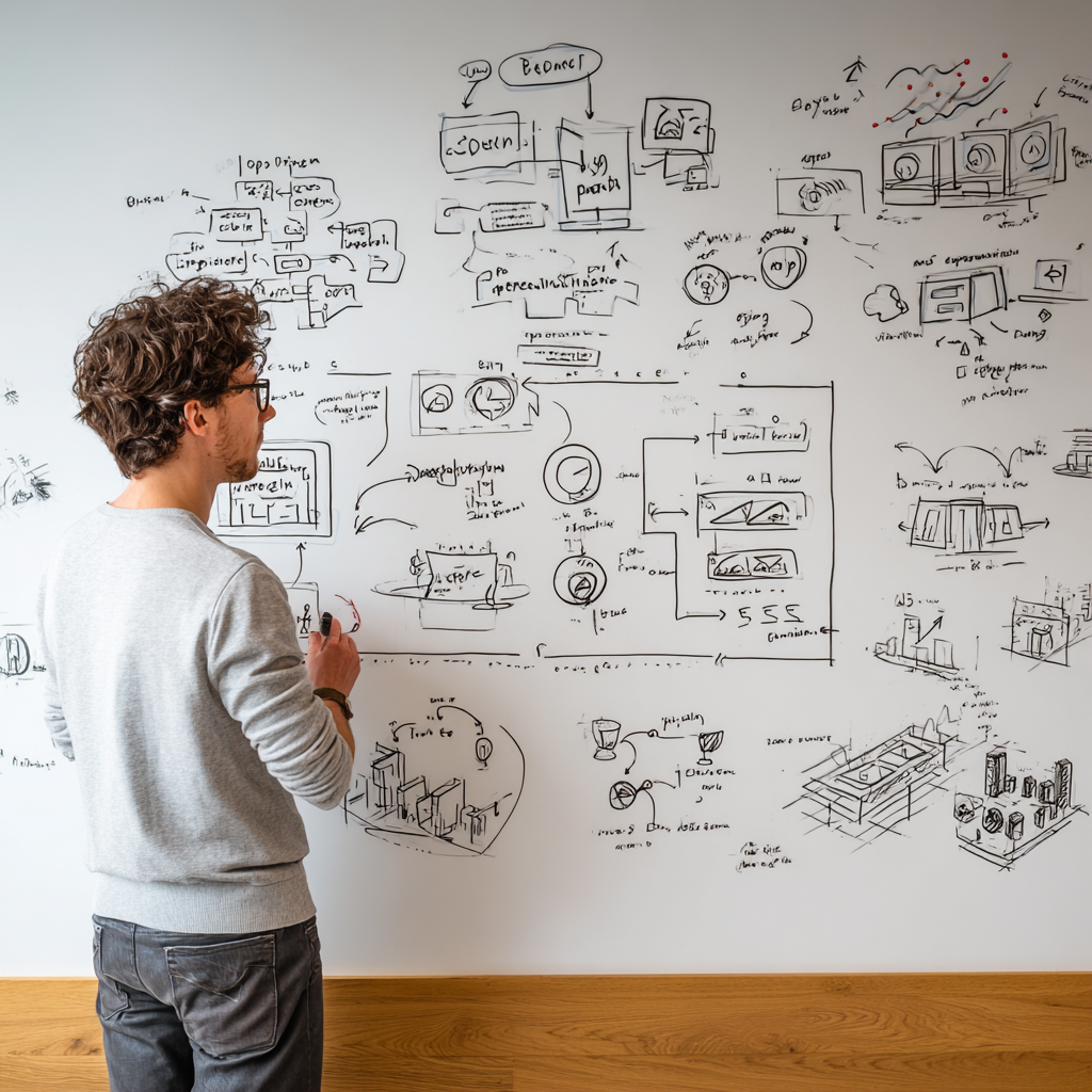 Personne devant un whiteboard couvert de schémas d'architecture d'agents
